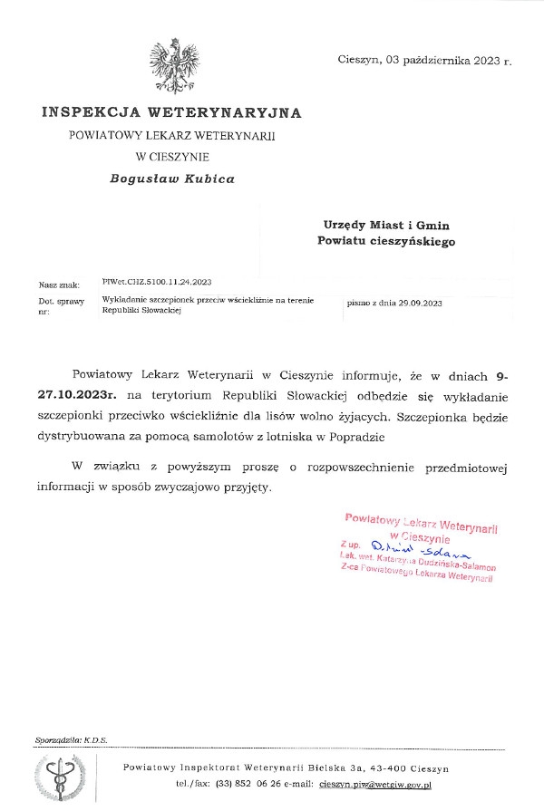 Informacja Powiatowego Insektora Weterynarii w Cieszynie