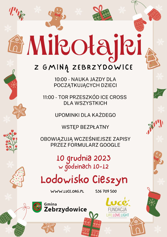 Plakat informacyjny o spotkaniu z Mikołajem organizowanym przez LUCE i Gminę Zebrzydowice