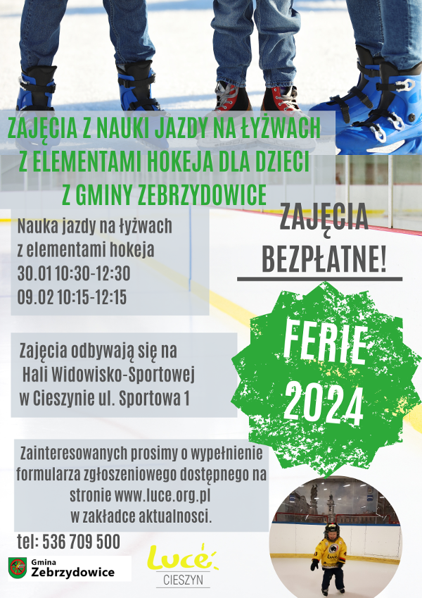 Plakat informacyjny dotyczący bezpłatnych zajęć nauki jazdy na łyżwach 