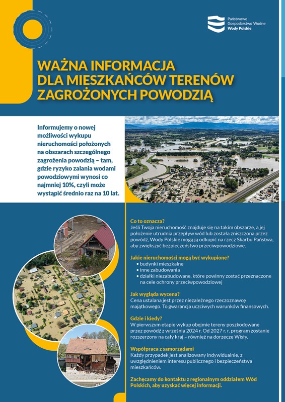 Plakat informacyjny dotyczący wykupu nieruchomości z terenów powodziowych