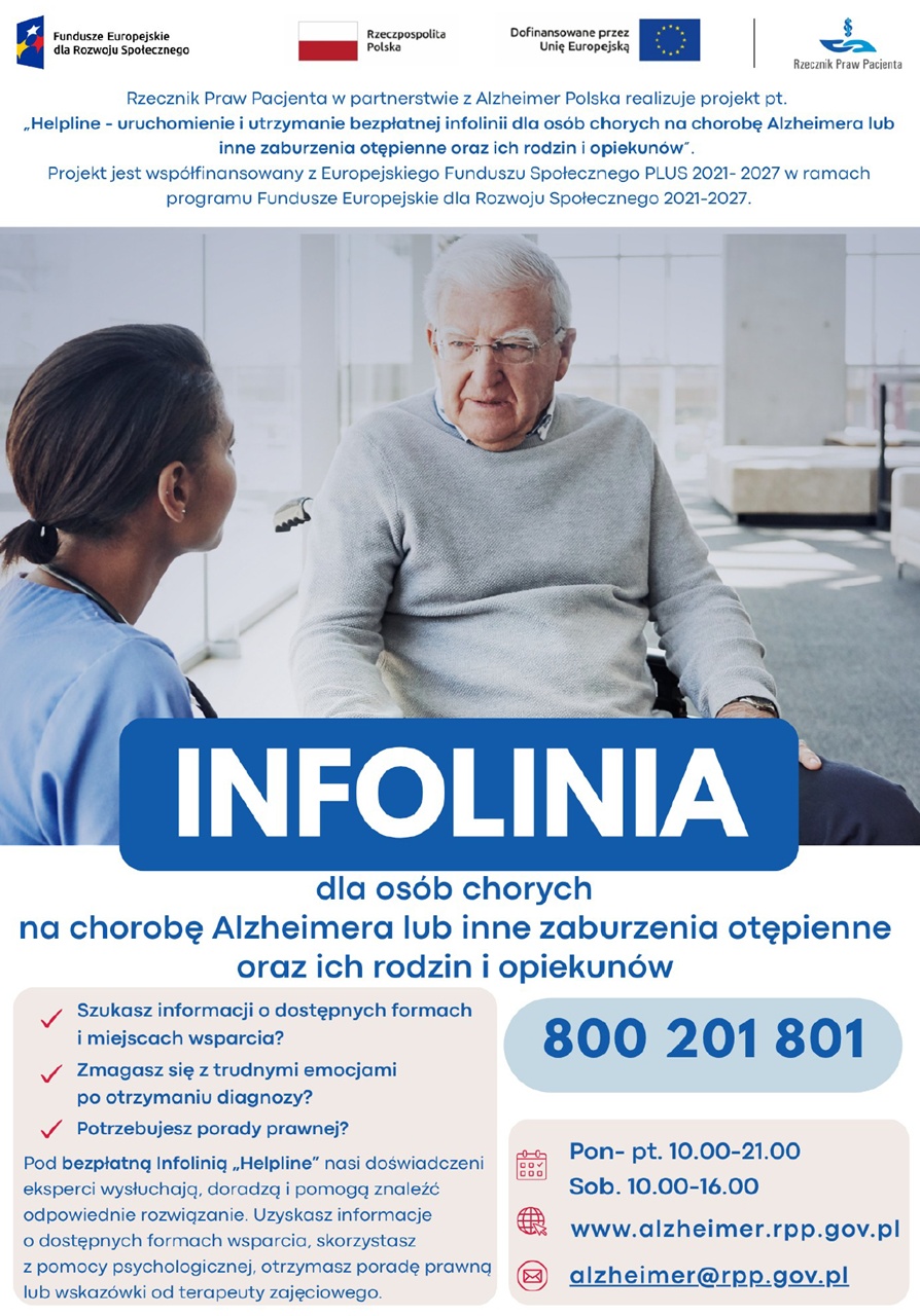 Plakat informacyjny informujący o infolinii dla os&oacute;b chorych na chorobę Alzheimera