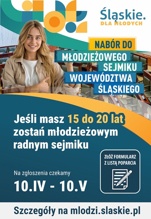 Plakat informujący o zgłoszeniach do Młodzieżowego Sejmiku