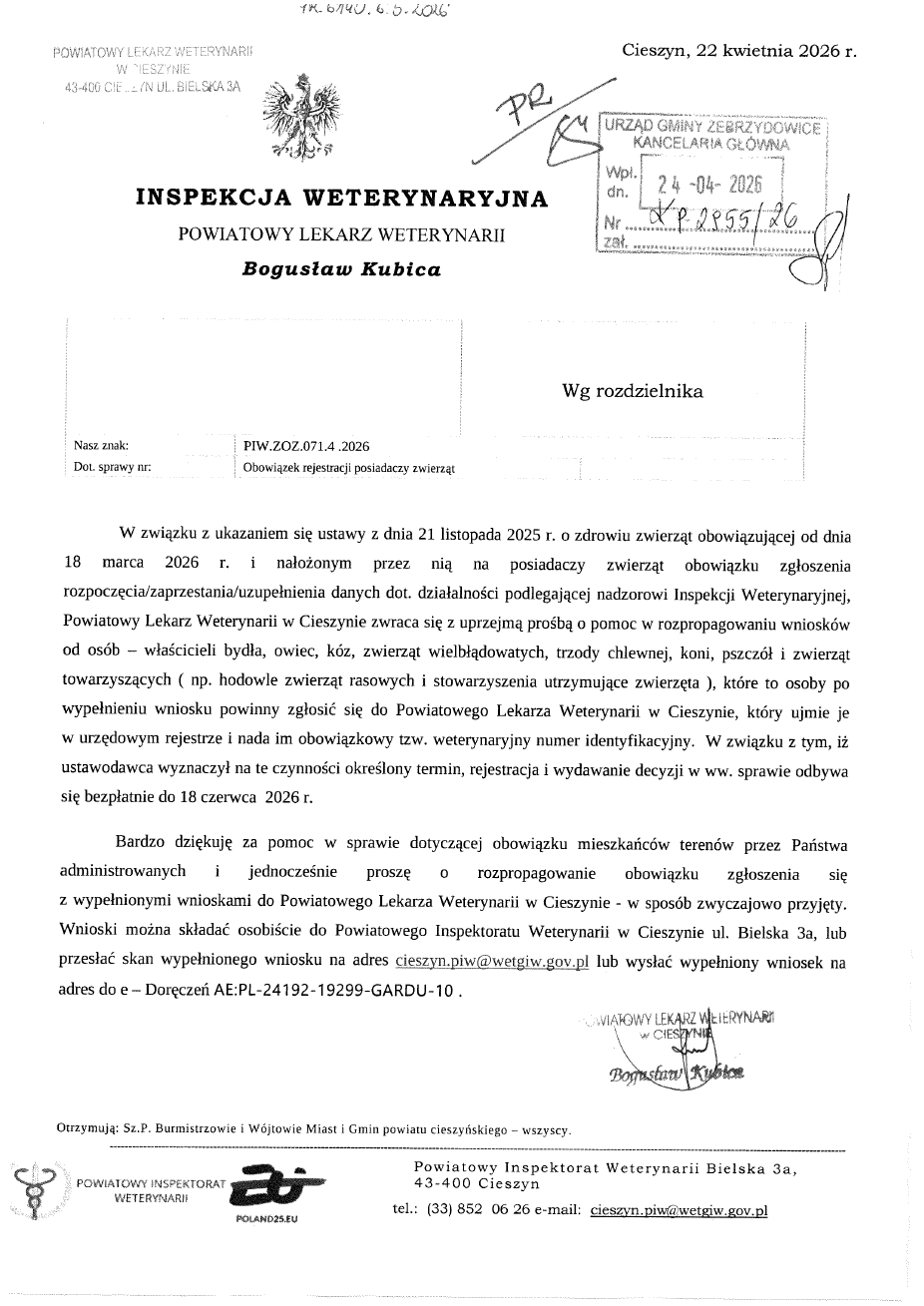 Informacja Powiatowego Lekarza Weterynarii w Cieszynie