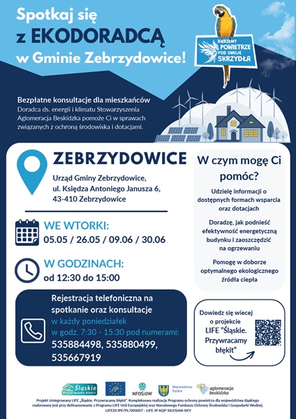 Plakat informacyjny dotyczący spotkań z Ekodoradcą w Gminie Zebrzydowice