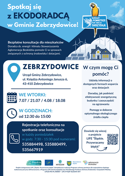 Plakat informacyjny Plakat informacyjny dotyczący spotkań z Ekodoradcą w Gminie Zebrzydowice